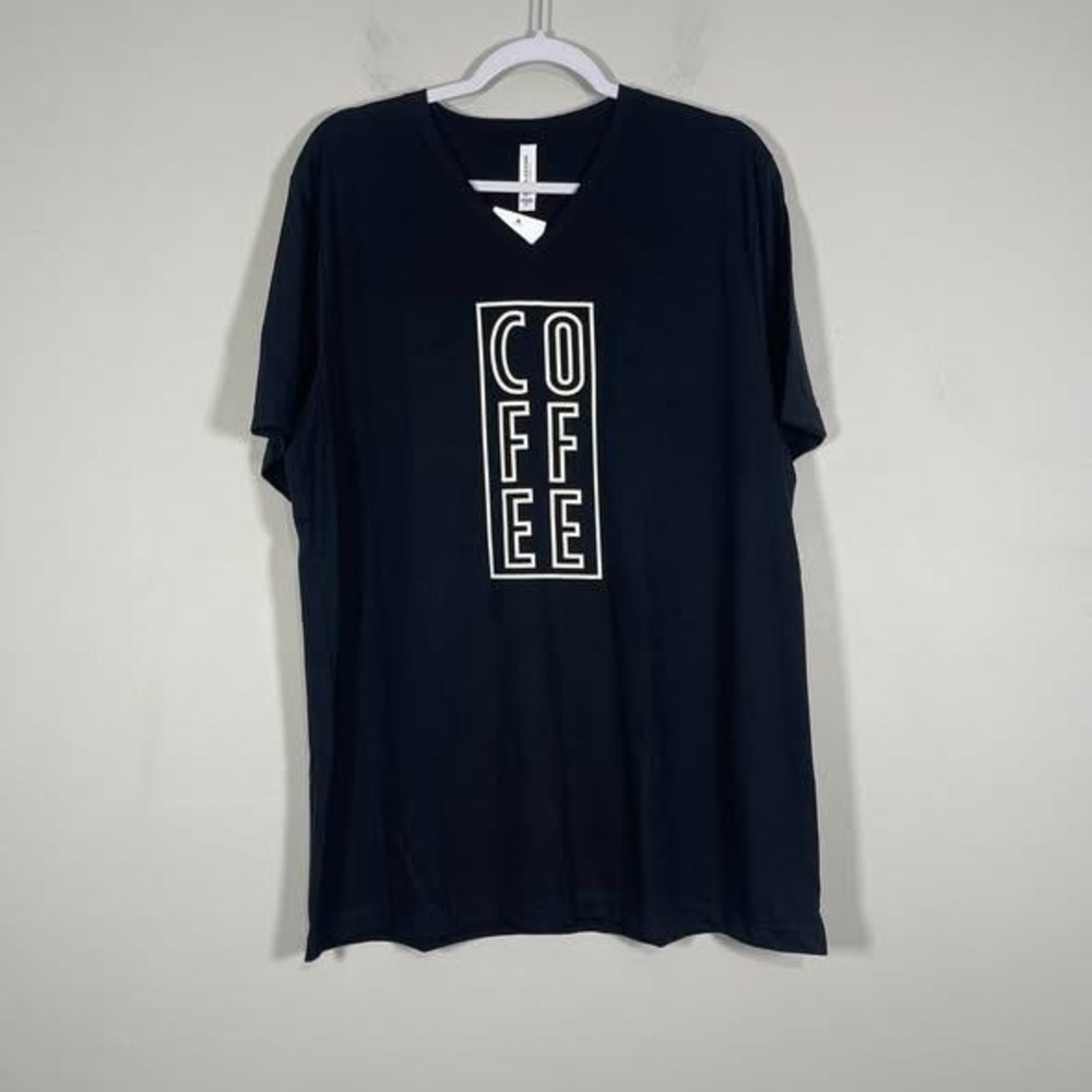 Bella Canvas Coffee Graphic Tee‎ Womens XL Black Cream V Neck Short Sleeve